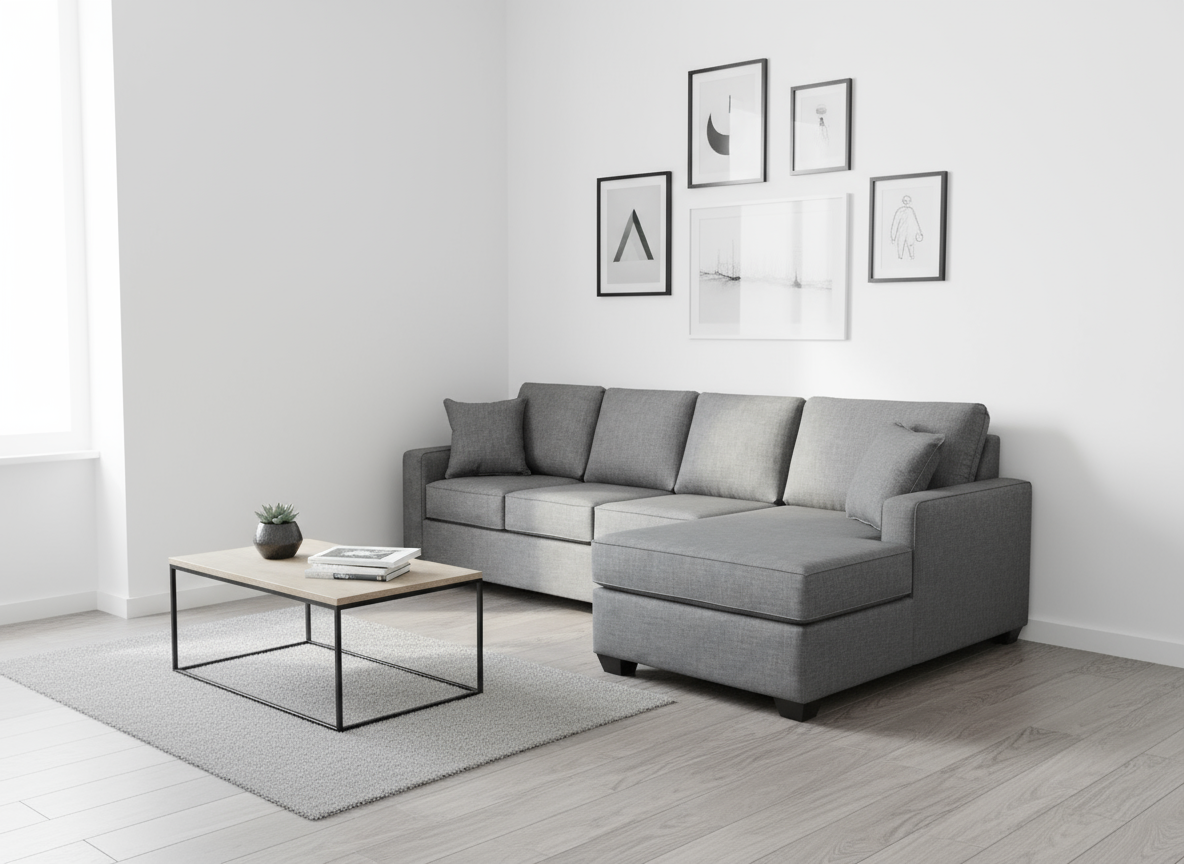 A gray Baltimore Condo Sectional with corner chaise, consisting of multiple cushioned seats and a chaise longue, set against a white background.