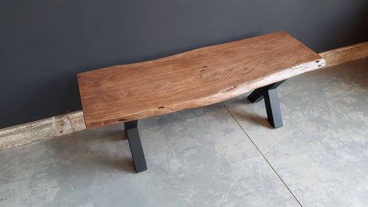 Calcutta Live Edge Benches - Sandblasted Walnut Finish - Black U Bases - 35mm Thick Tops
