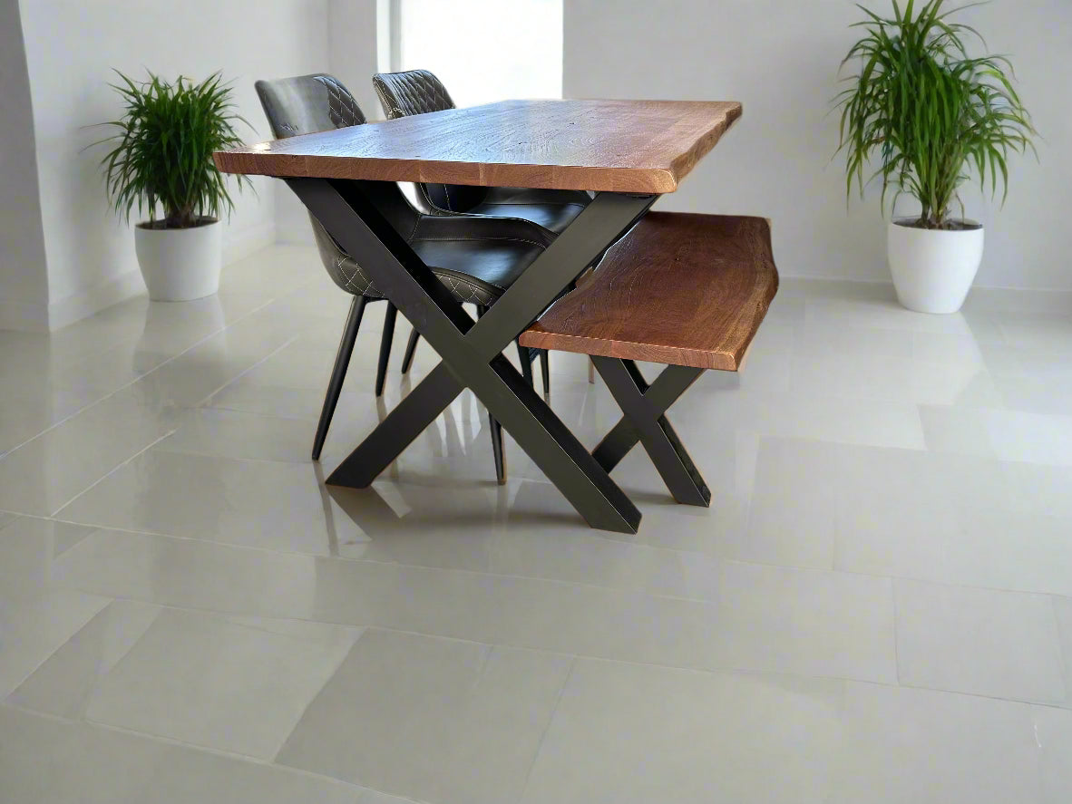 Calcutta Live Edge Dining Tables - X Bases - 2 Sizes - 2 Stains - 35mm Tops