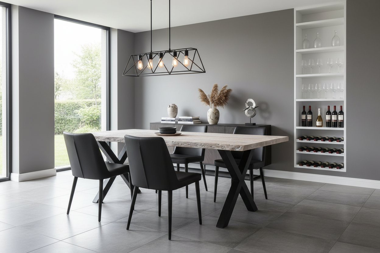 Modern dining room with a long table and chairs, featuring a wine rack against a gray wall.