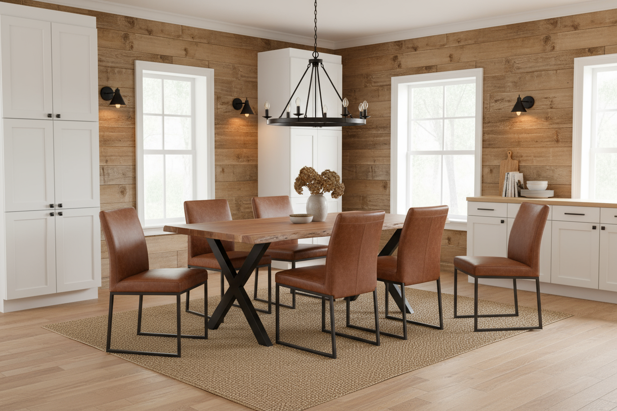 A rectangular dining table with a live edge sandblasted walnut top and black X-shaped steel bases.