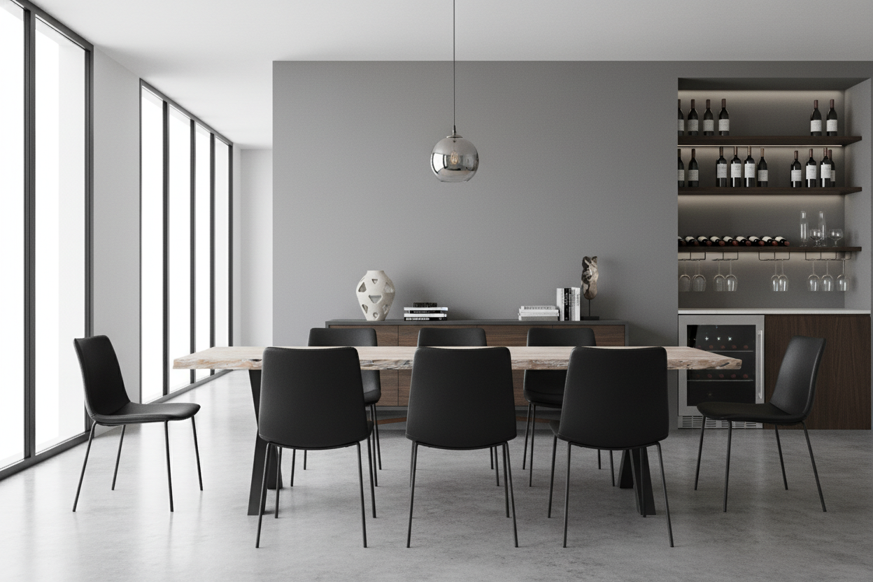 Modern dining room with a long wooden table and black chairs, featuring a gray wall and large windows.