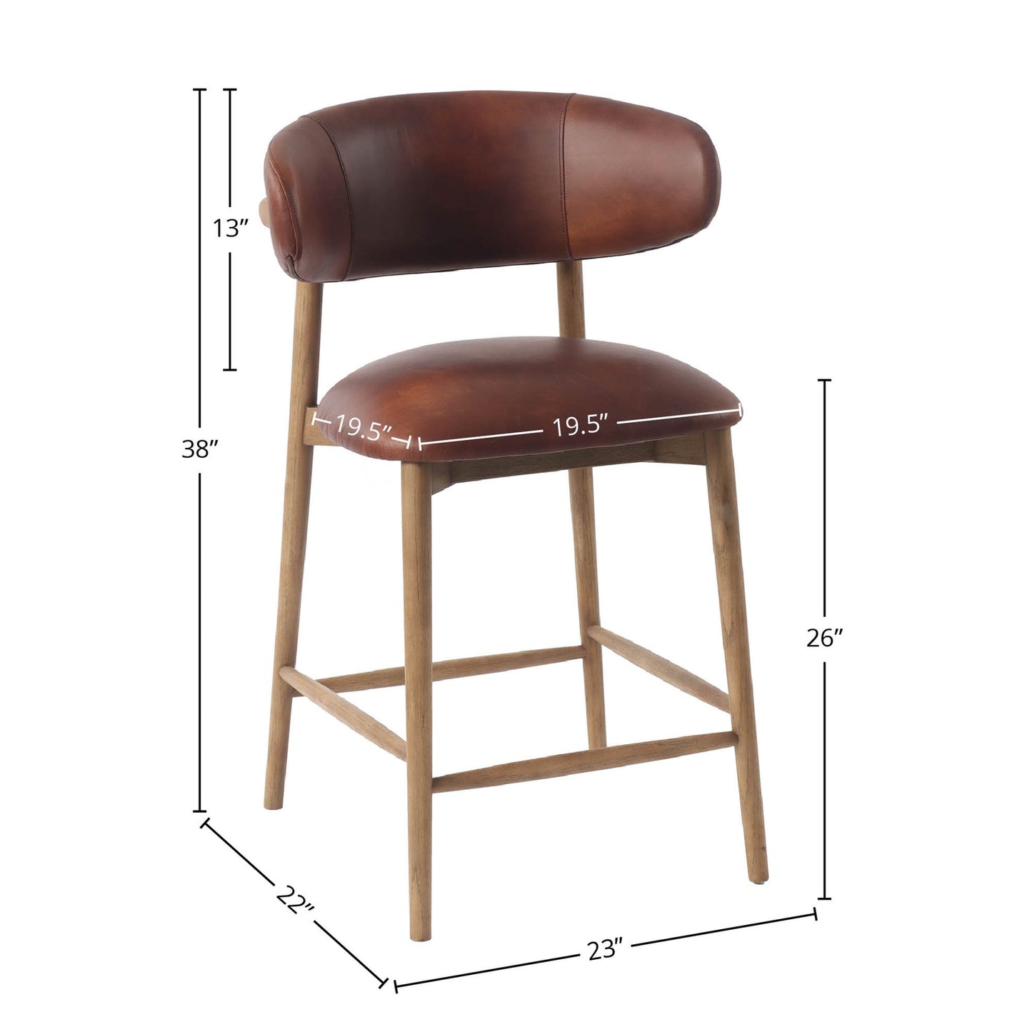 Milo Counter Stool - 100% Top Grain Leather - Tobacco