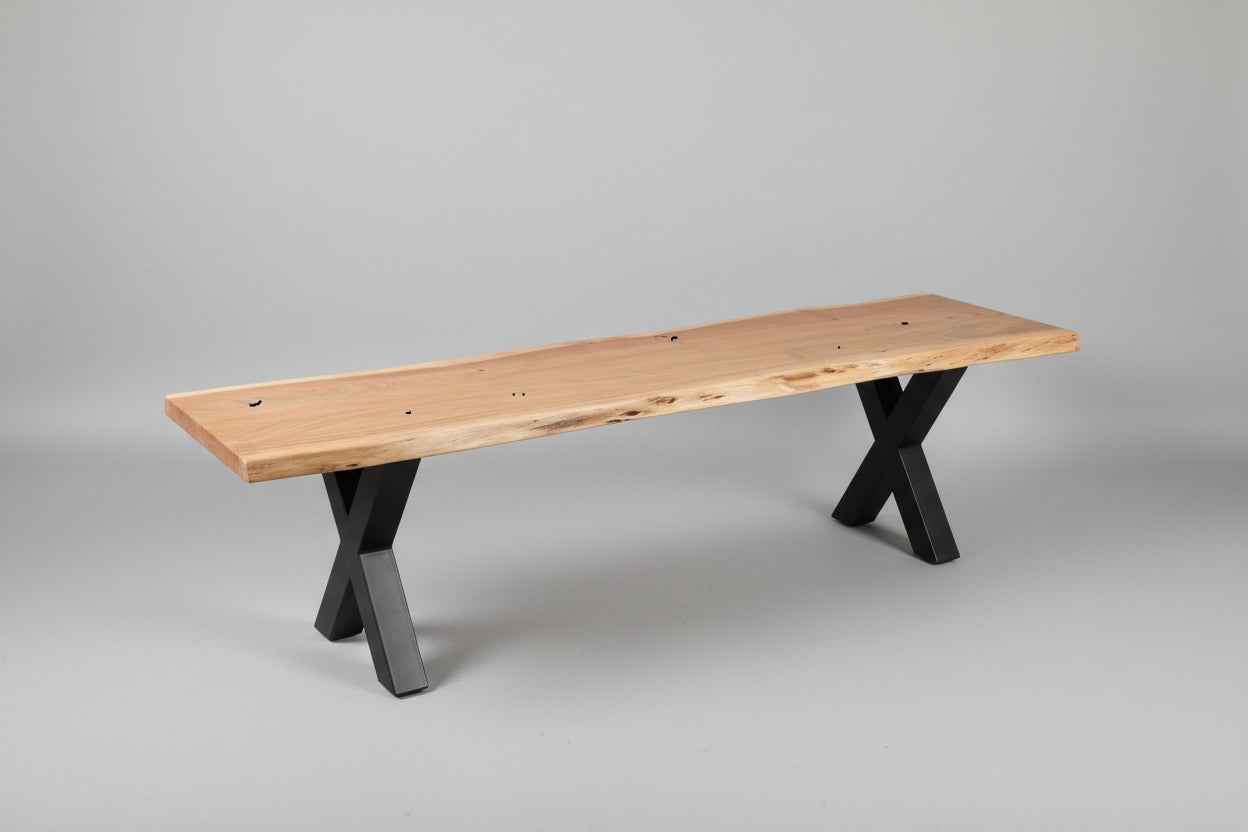 Calcutta Live Edge Benches - Sandblasted Walnut - Gunmetal Grey X Bases - 35mm Thick Tops - Homestead Furniture - All Rights Reserved