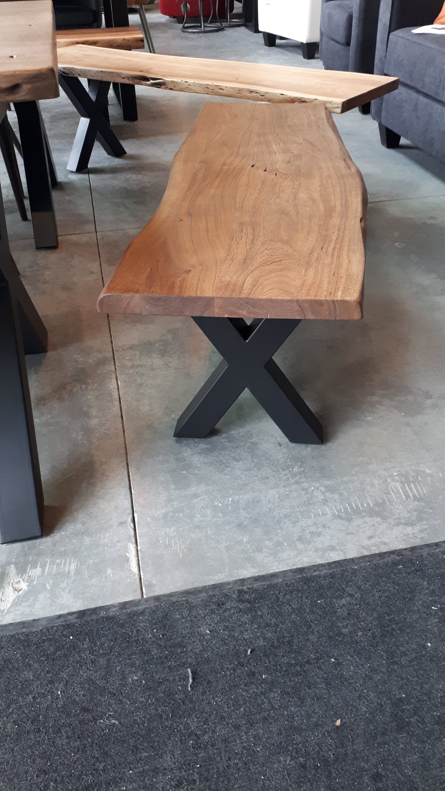Calcutta Live Edge Benches - Sandblasted Walnut - Gunmetal Grey X Bases - 35mm Thick Tops
