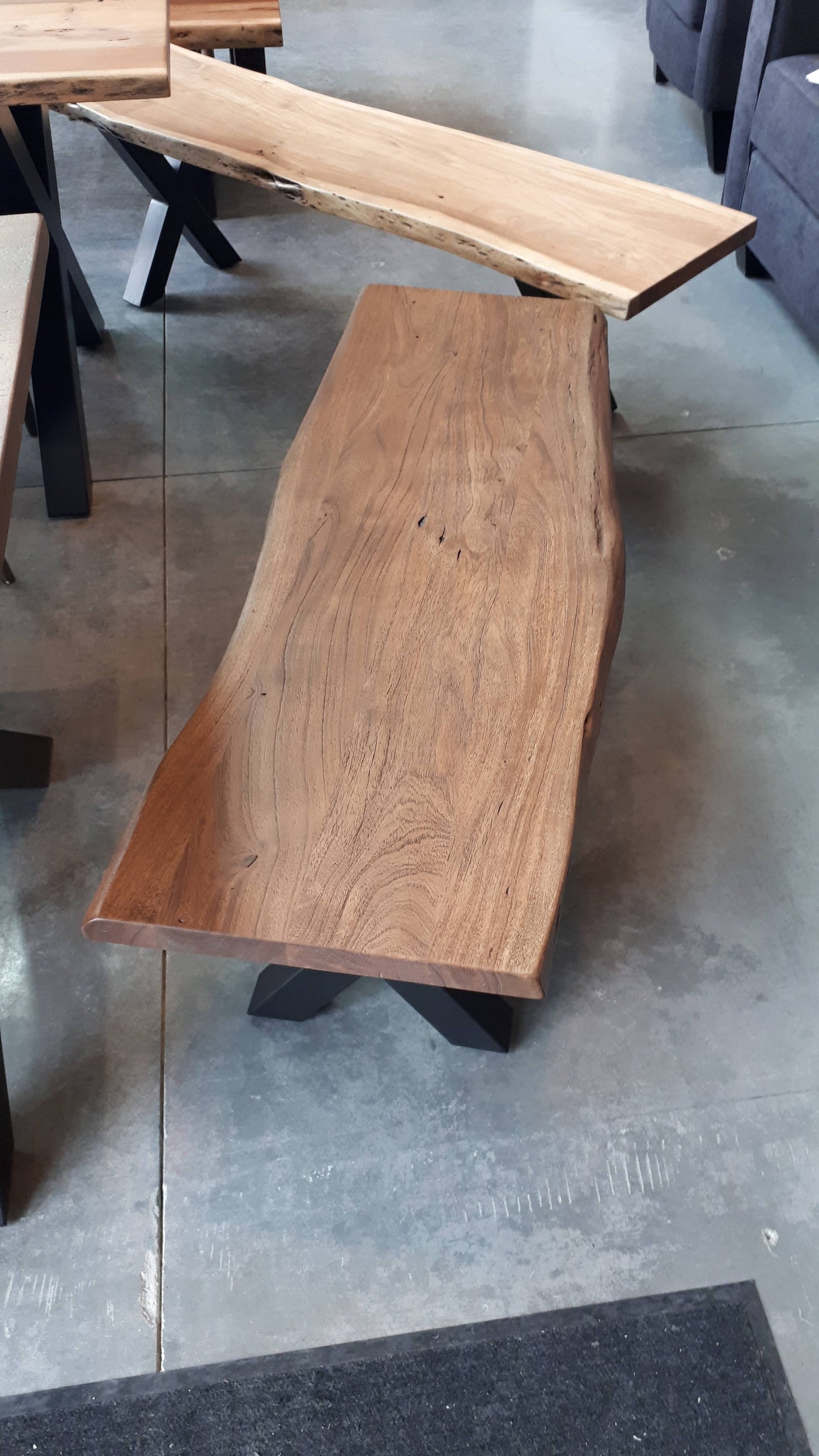 Calcutta Live Edge Benches - Sandblasted Walnut - Gunmetal Grey X Bases - 35mm Thick Tops