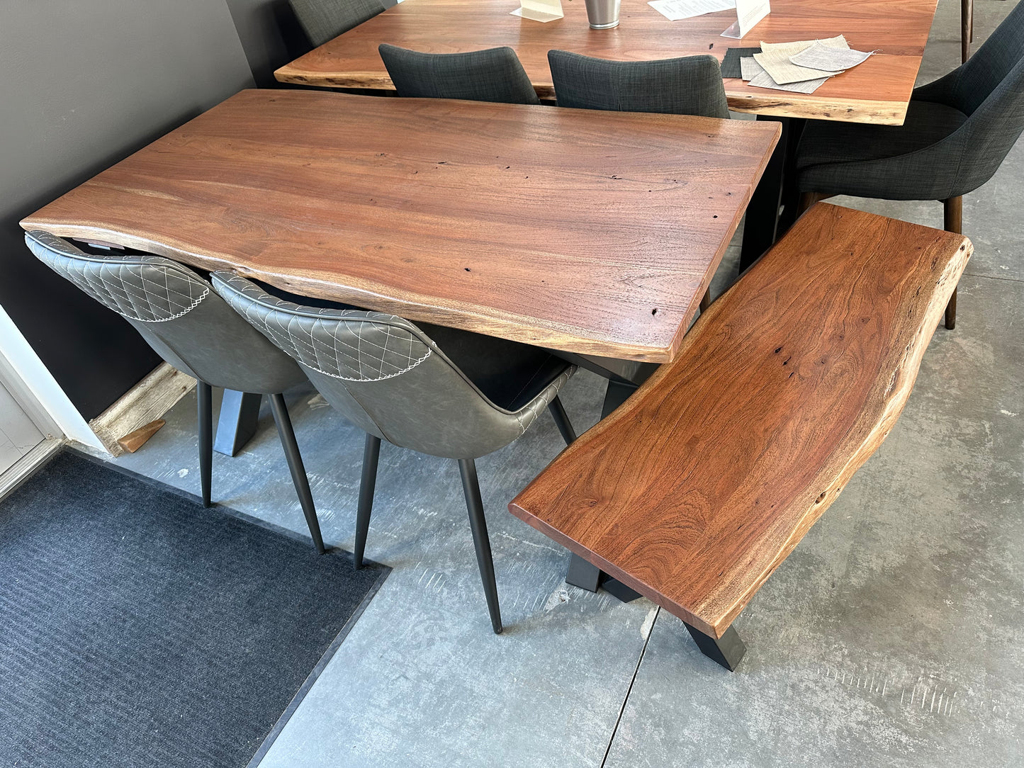 Calcutta Live Edge Benches - Sandblasted Walnut Finish - Black U Bases - 35mm Thick Tops