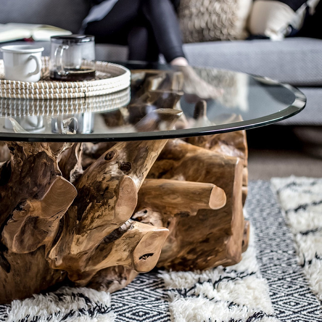 Natura Teak Root Coffee Table - with 8mm Thick Tempered Glass Top