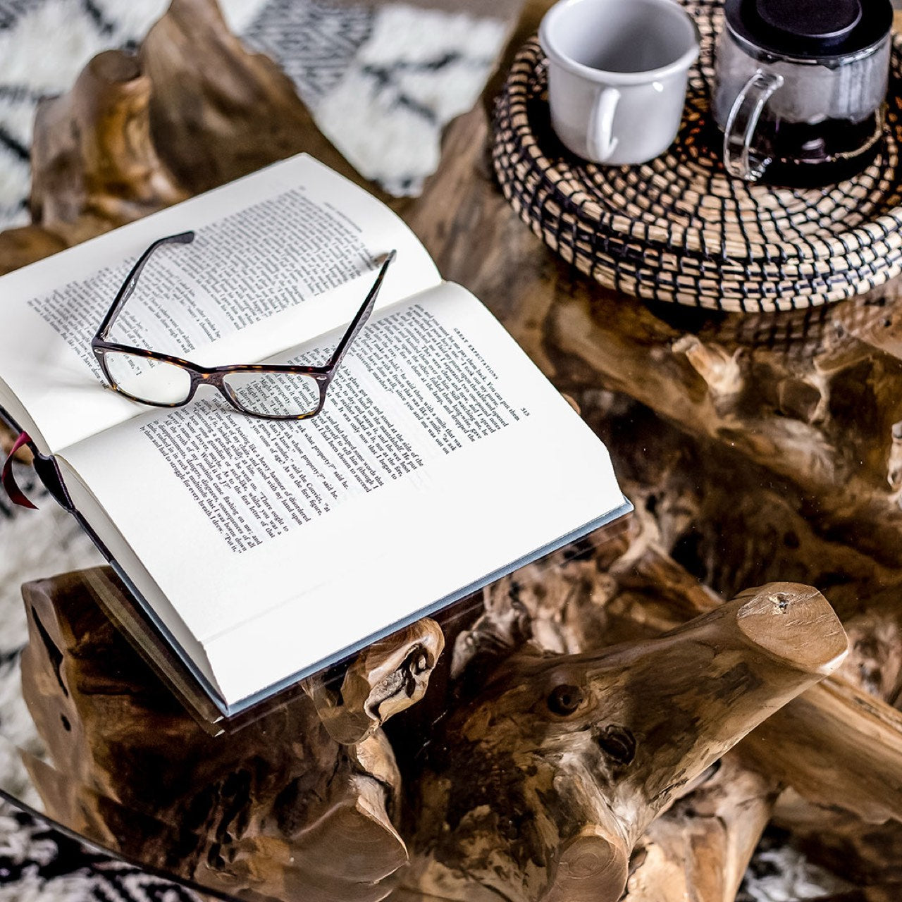Natura Teak Root Coffee Table - with 8mm Thick Tempered Glass Top