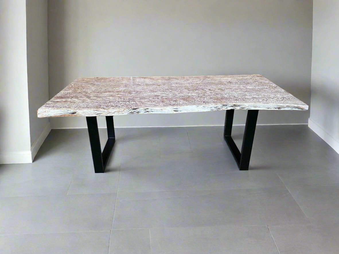 Calcutta Live Edge Dining Table 40"x84" - Whitewash - U Bases - 55mm Tops