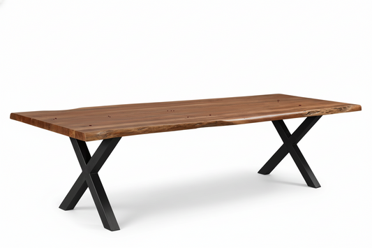 Calcutta Live Edge Dining Table - 40"x84" - Black X Bases - Sandblasted Walnut - 55mm Top