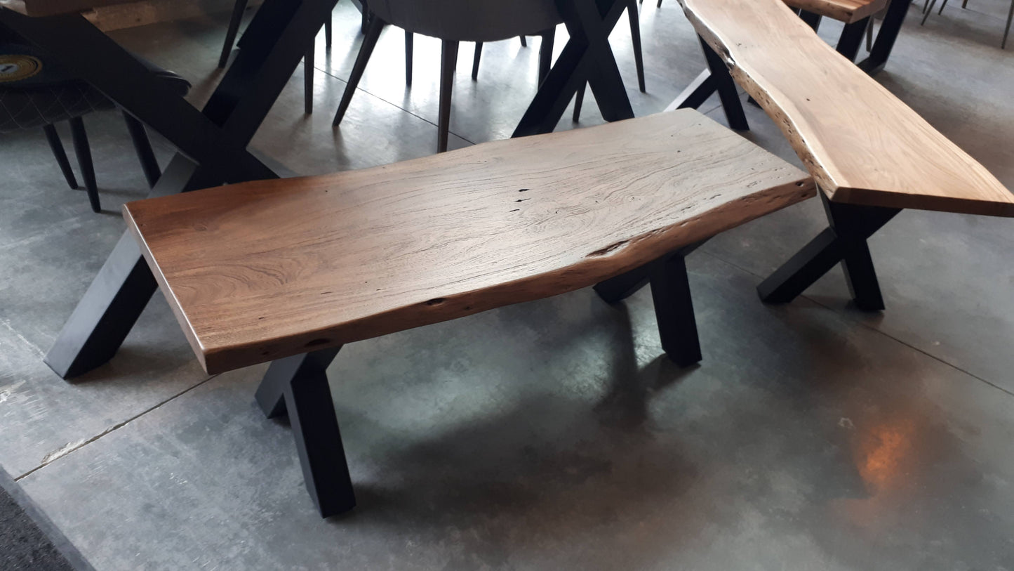 Calcutta Live Edge Benches - Sandblasted Walnut Finish - Black U Bases - 35mm Thick Tops