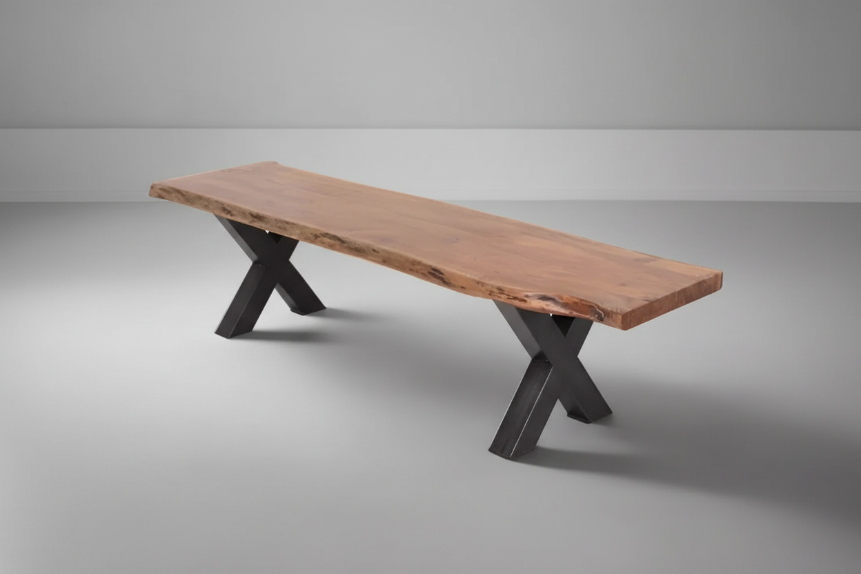 Calcutta Live Edge Benches - Sandblasted Walnut - Black X Bases - 1.4" Thick Tops